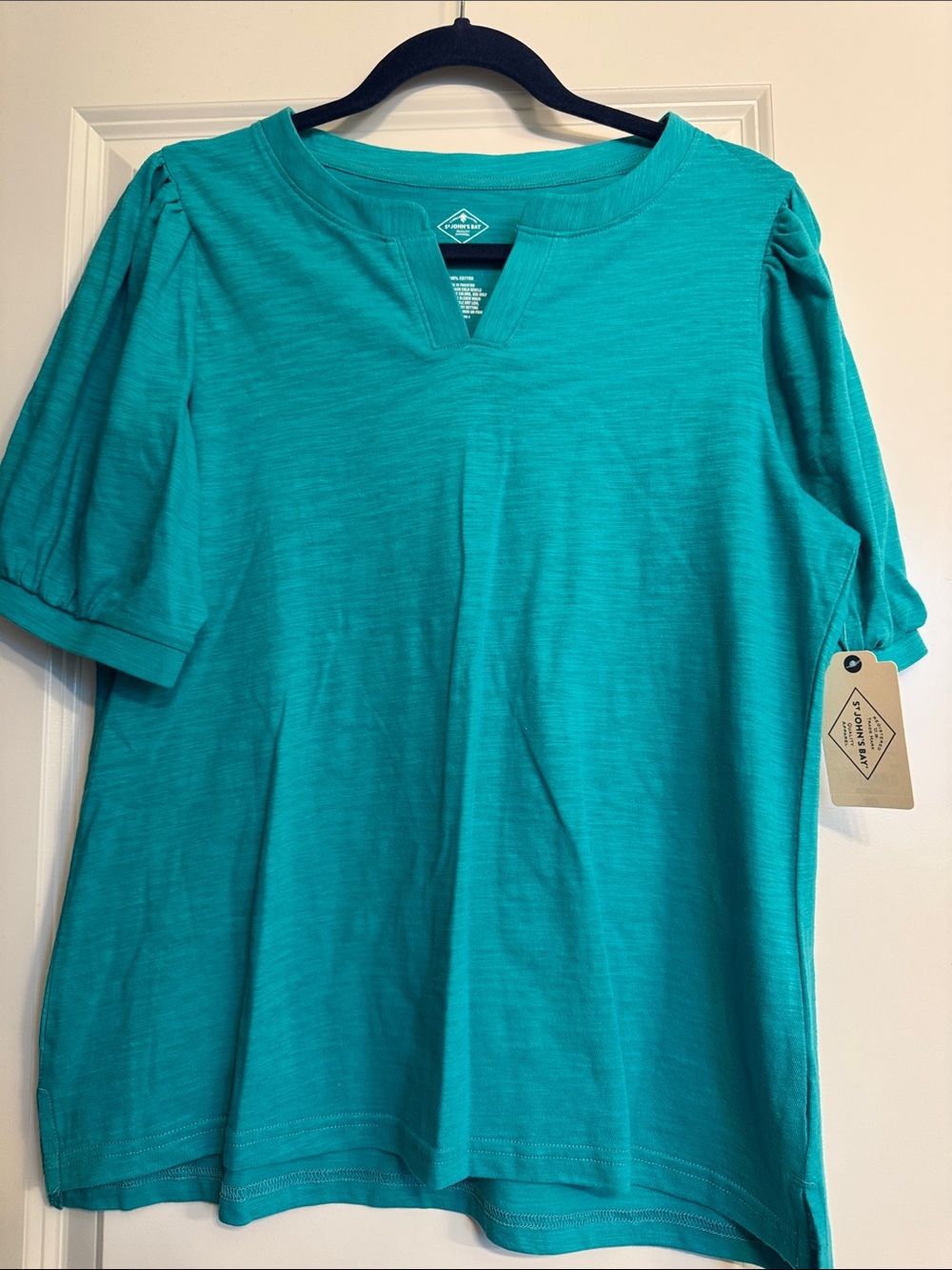 St. John's Bay Teal Short Sleeve V-Notch Tee with Puff Sleeves